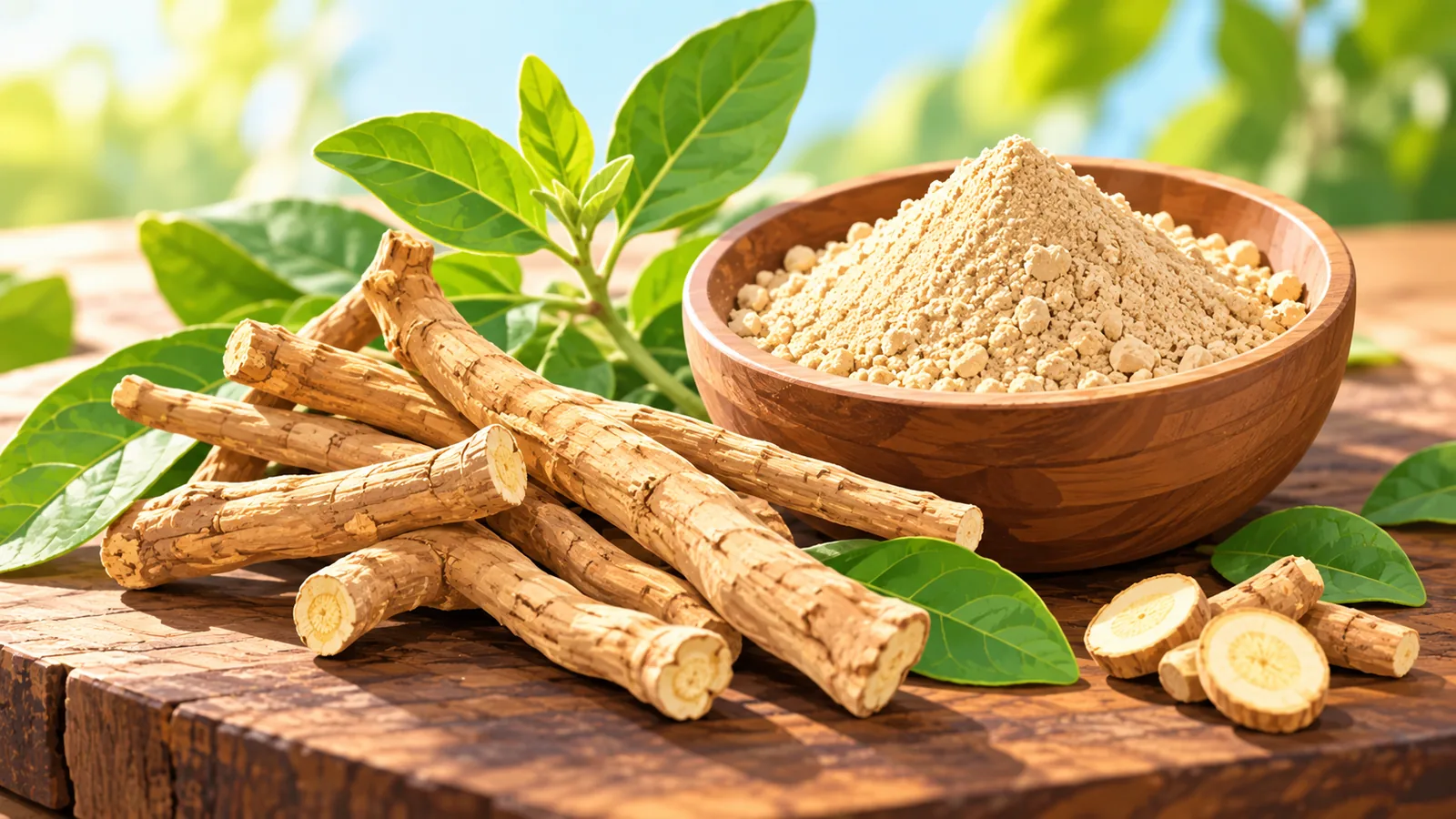 Ashwagandha-Wurzeln und Pulver auf einem Holzbrett