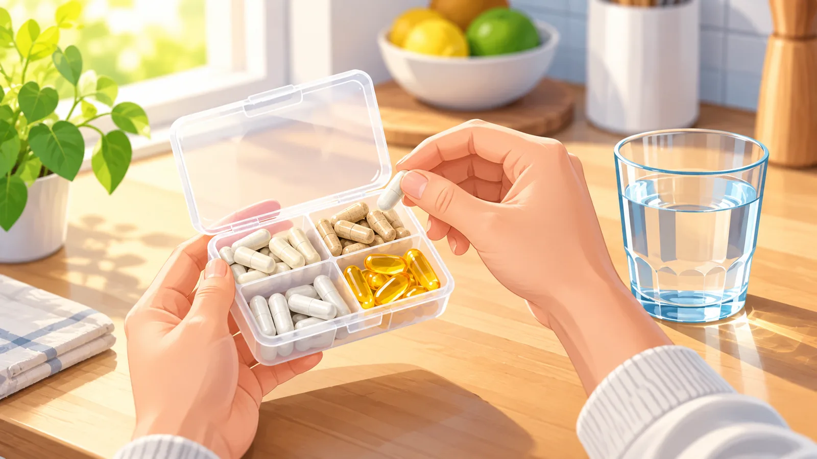 Hände halten eine Pillendose mit Magnesiumkapseln neben einem Glas Wasser