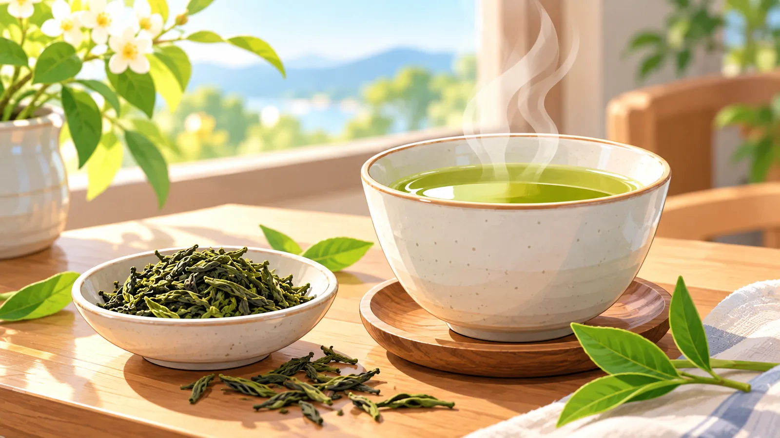Tasse grüner Tee mit Teeblättern am Fenster