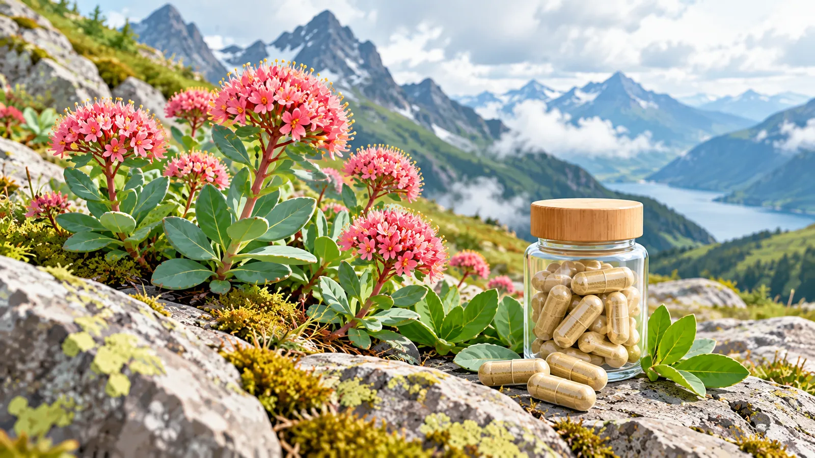 Rhodiola-Pflanzen am Berghang mit einem Glas Kapseln