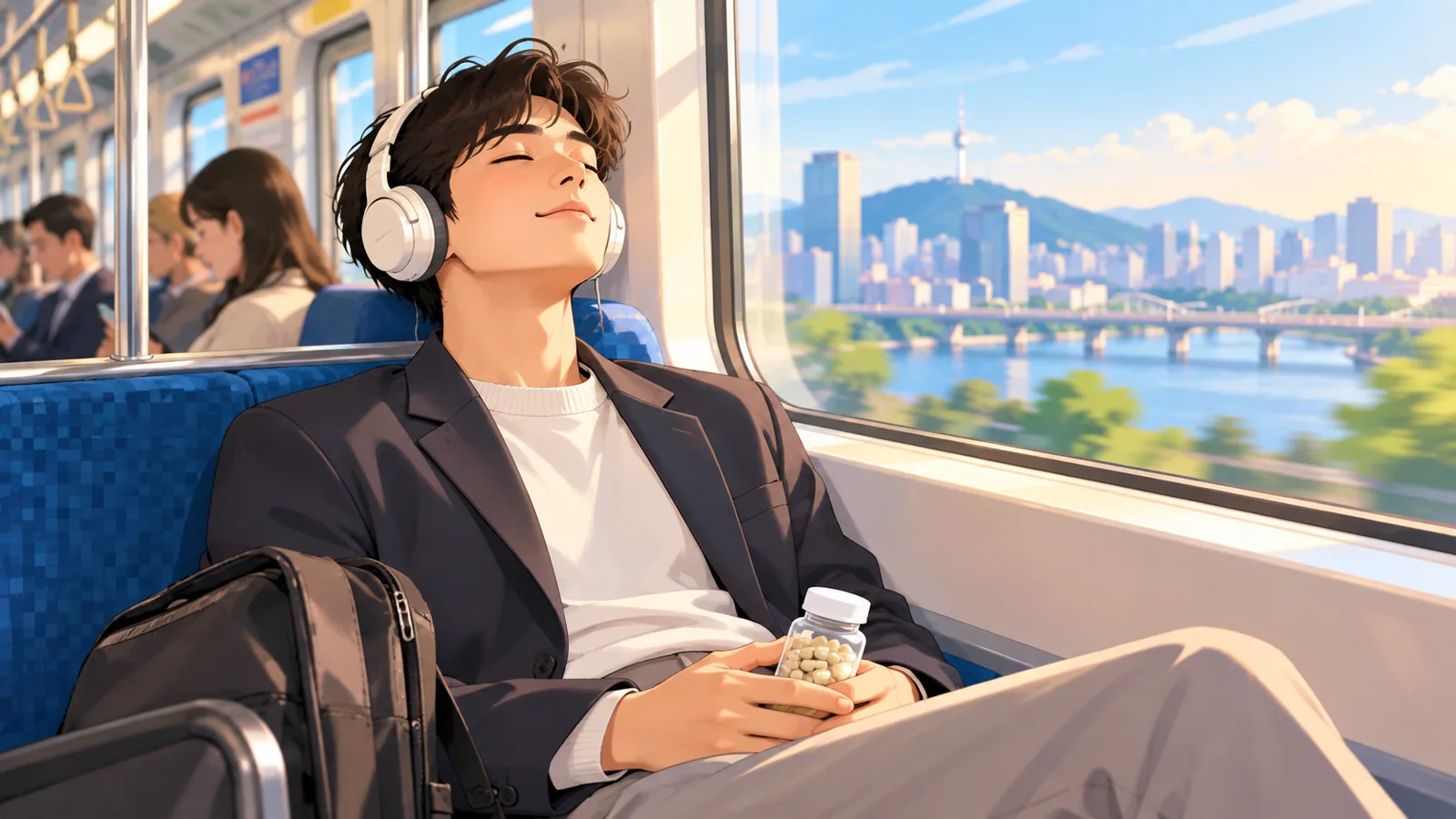 Berufstätige Person in der Bahn mit einer kleinen Supplement-Dose
