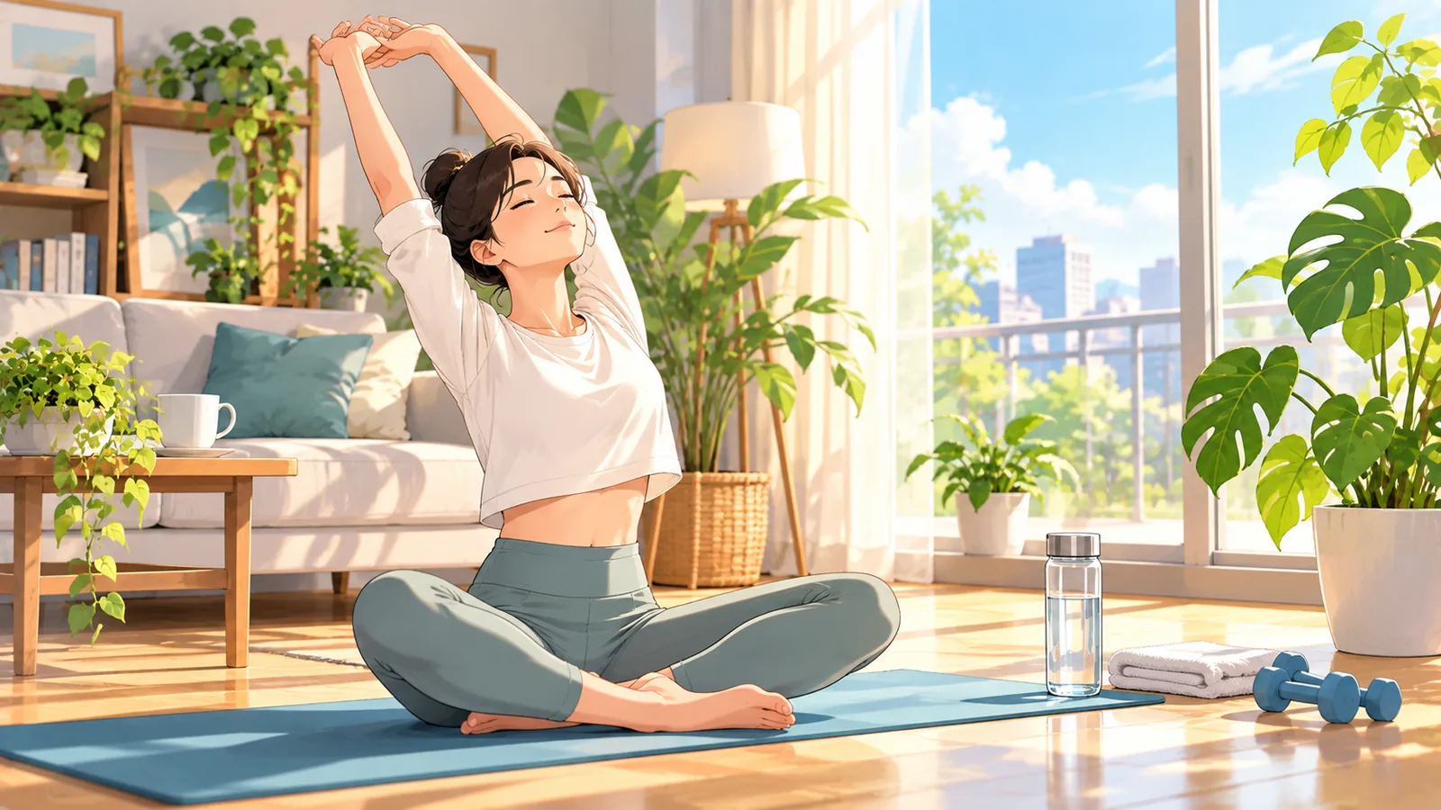 Frau macht Atemübungen auf einer Yogamatte im Wohnzimmer