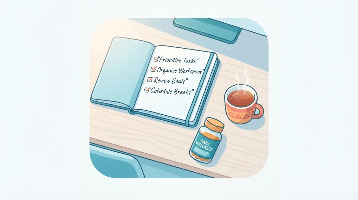 Schreibtisch mit Notizbuch, Checkliste und Tee