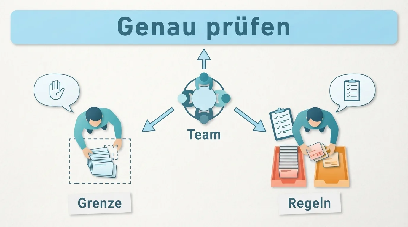 Ein gemeinsames Teamziel verzweigt in zwei fiktive Reaktionen: die eigene Belastungsgrenze nennen oder gemeins