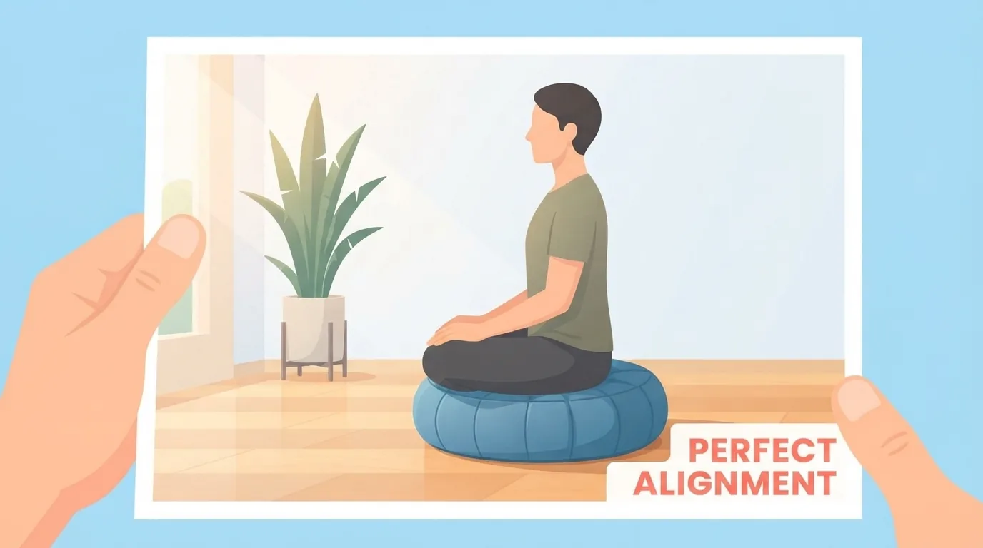 Person sitzt aufrecht im Schneidersitz auf einem runden Meditationskissen in einem hellen Wohnzimmer