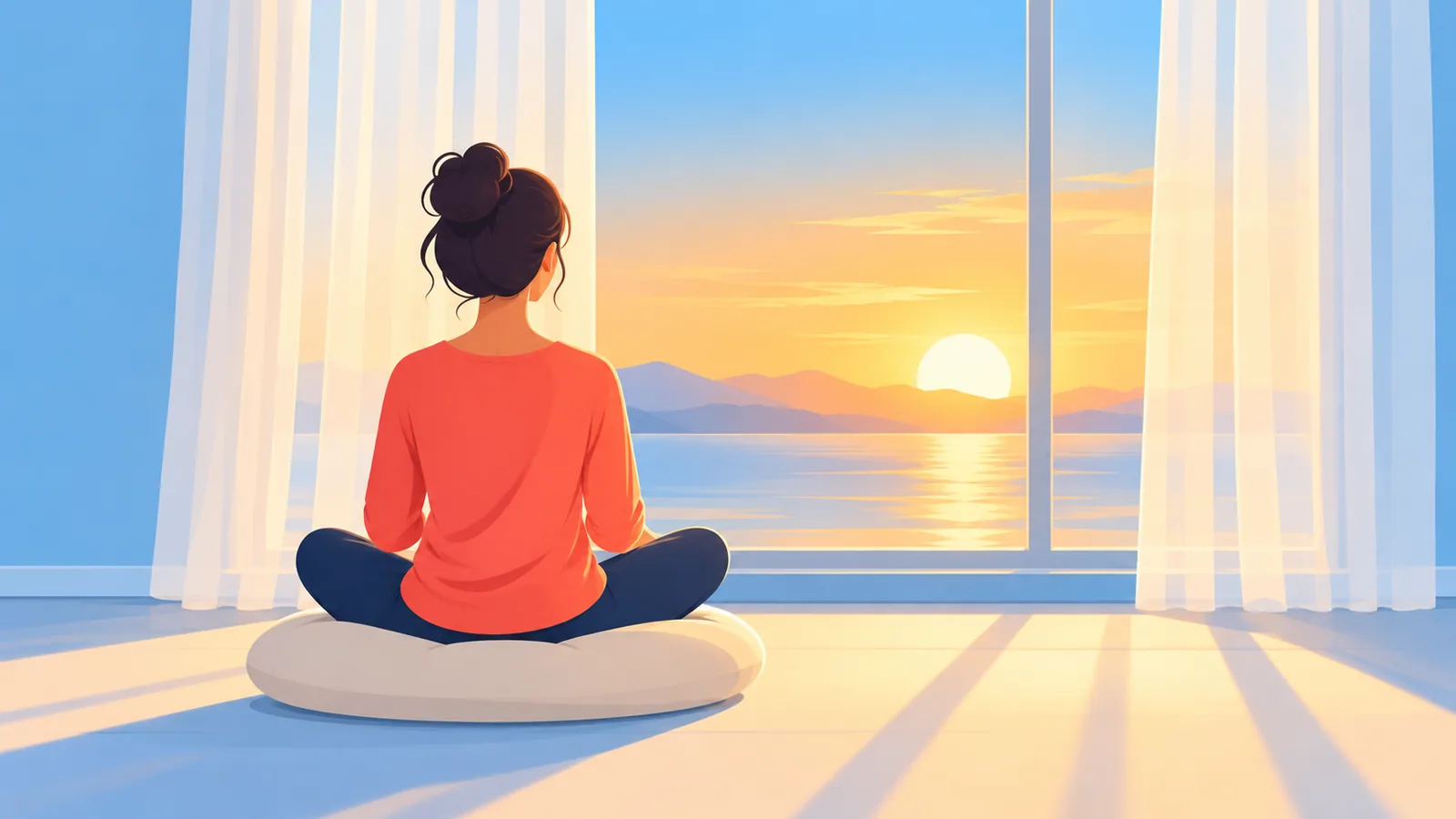 Person sitzt morgens im Sonnenlicht auf einem Meditationskissen am Fenster