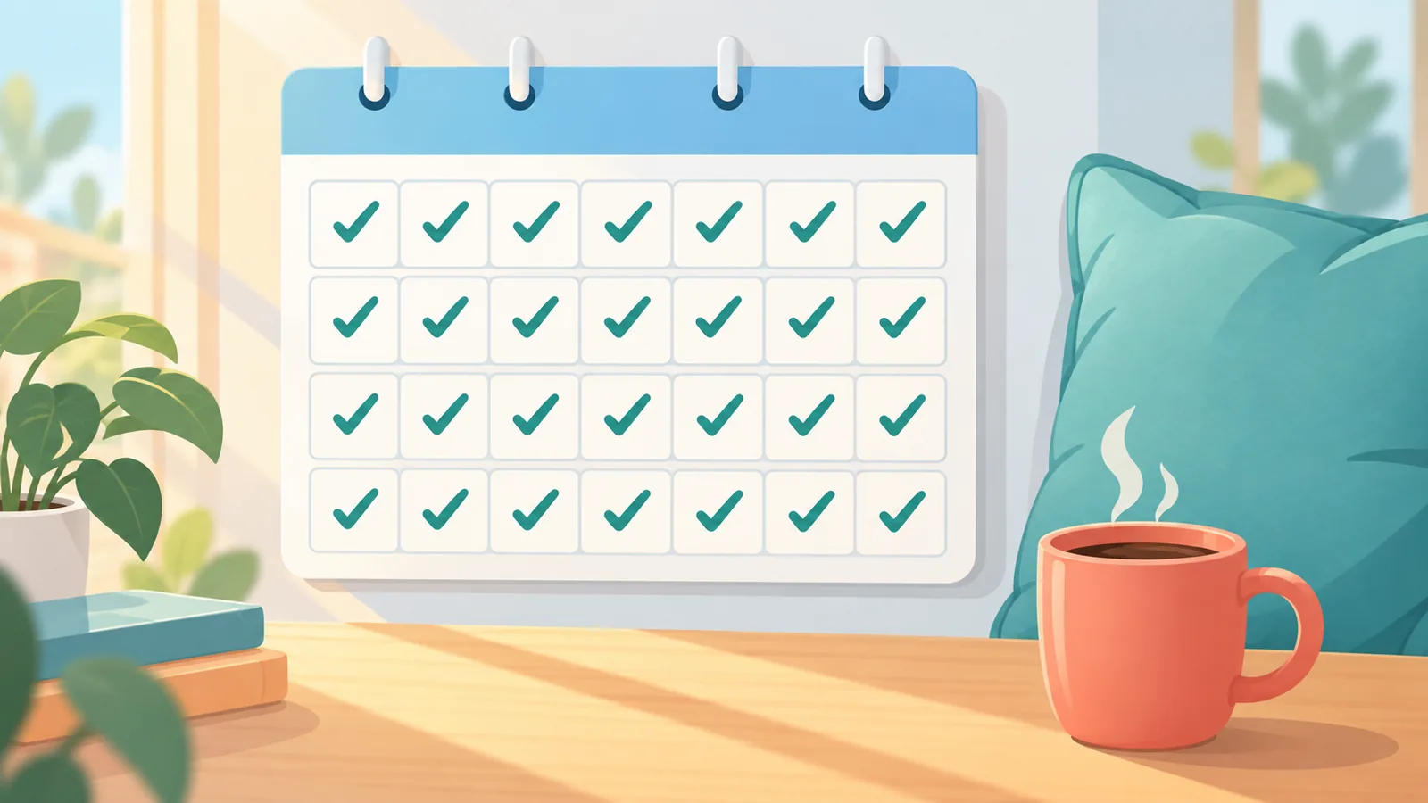 Kalender mit Markierungen für den Vier-Wochen-Plan neben Kissen und Tasse