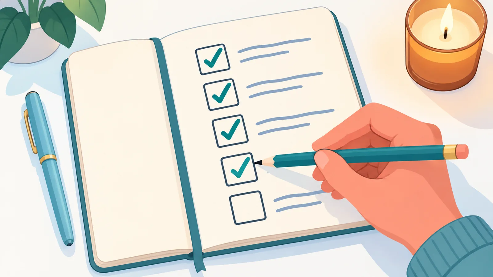 Handgeschriebene Checkliste für die Morgenmeditation in einem Notizbuch