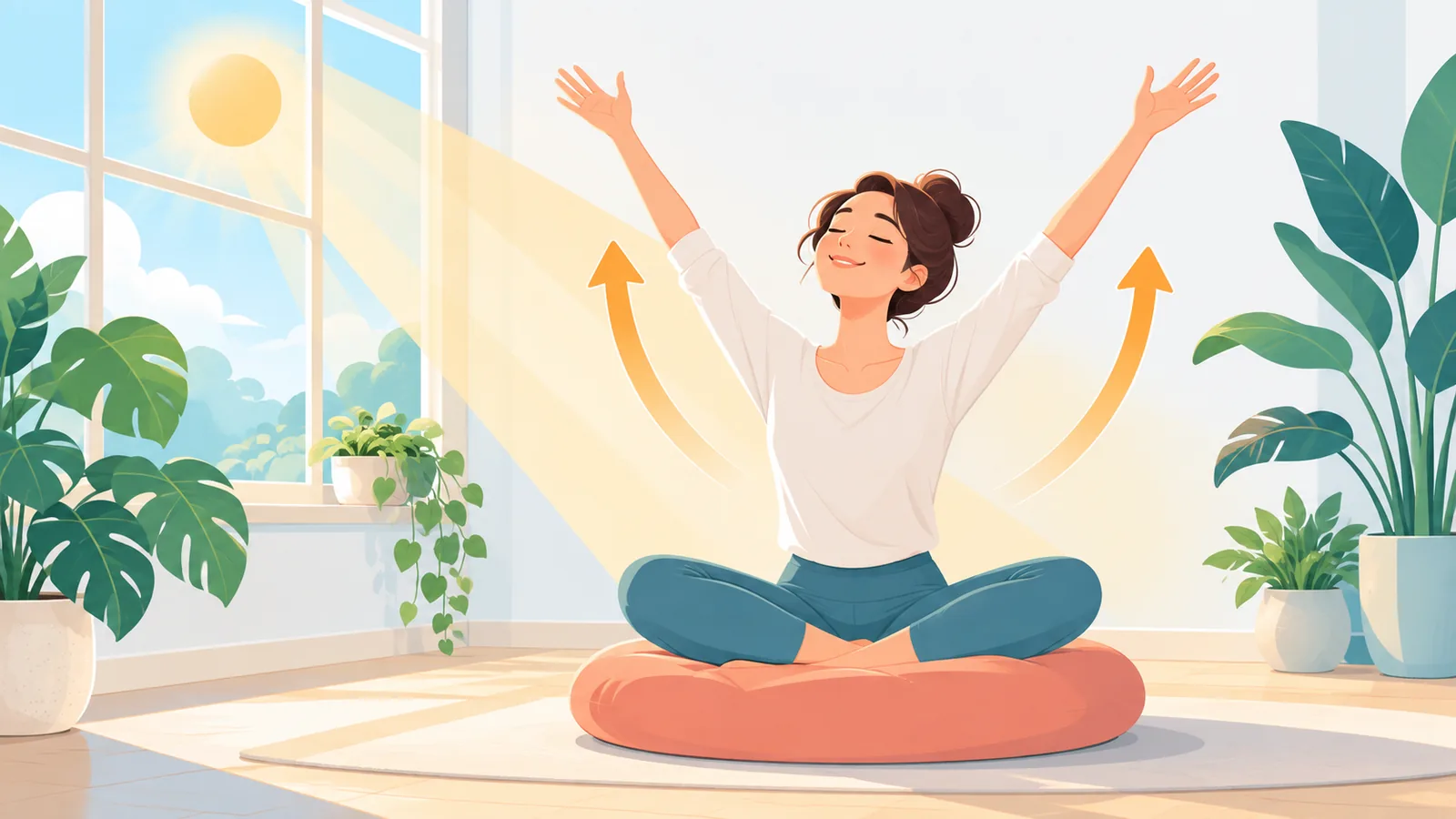 Person streckt sich nach der Morgenmeditation und lächelt entspannt