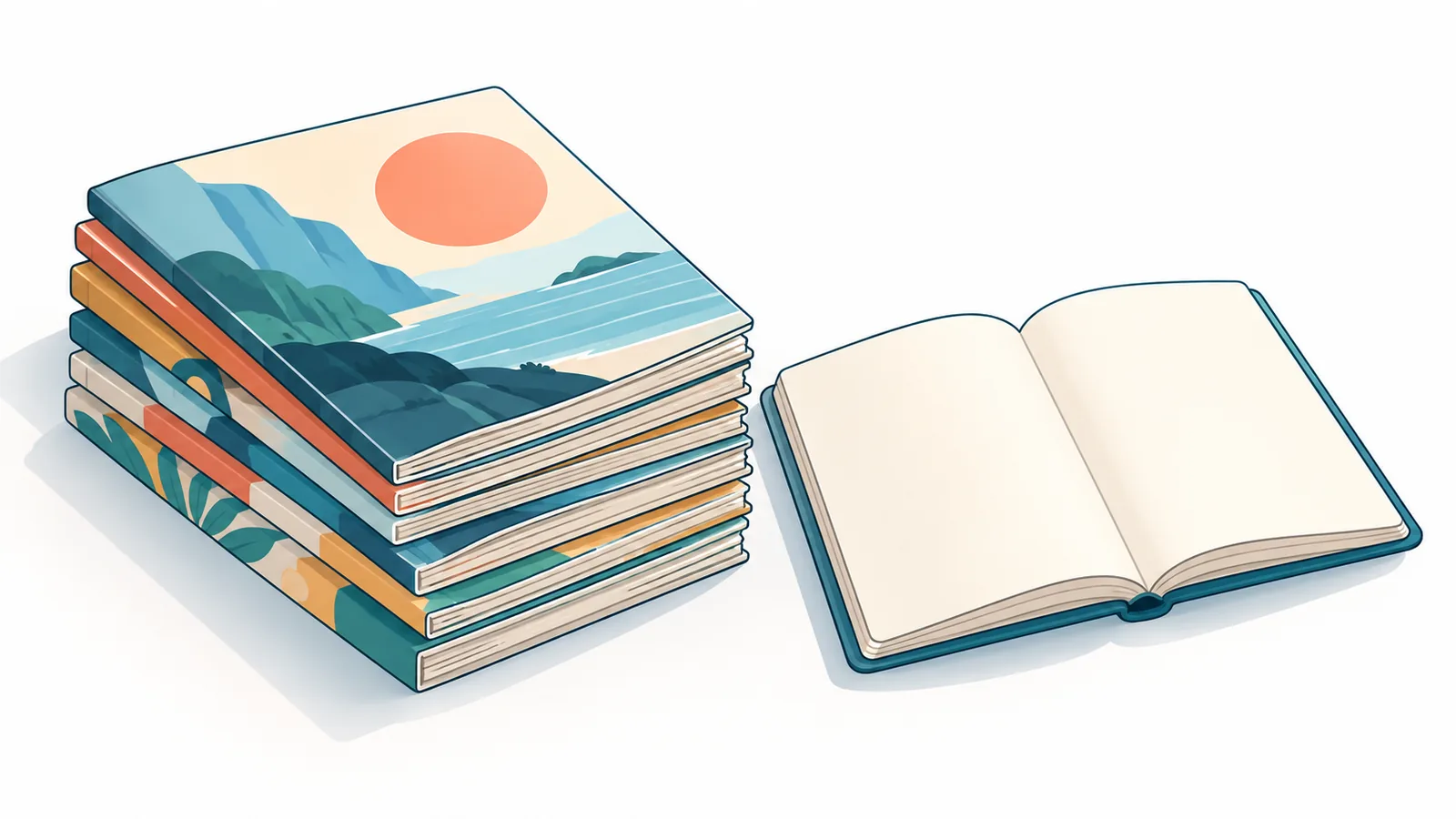 Stapel alter Magazinhefte neben einem Notizbuch