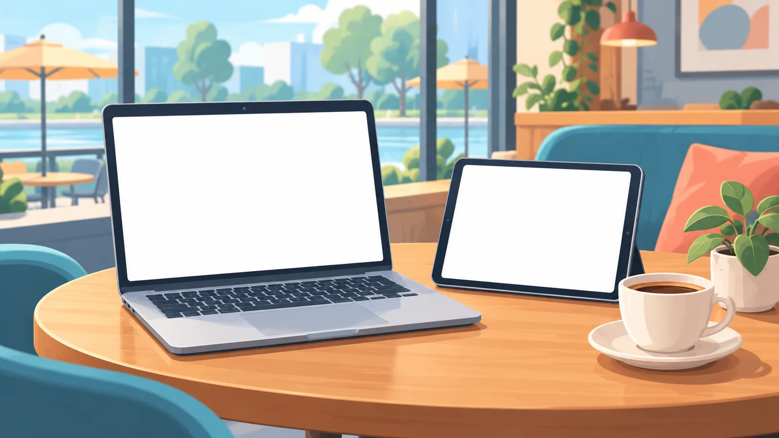 Laptop und Tablet neben einer Tasse Kaffee in einem Café
