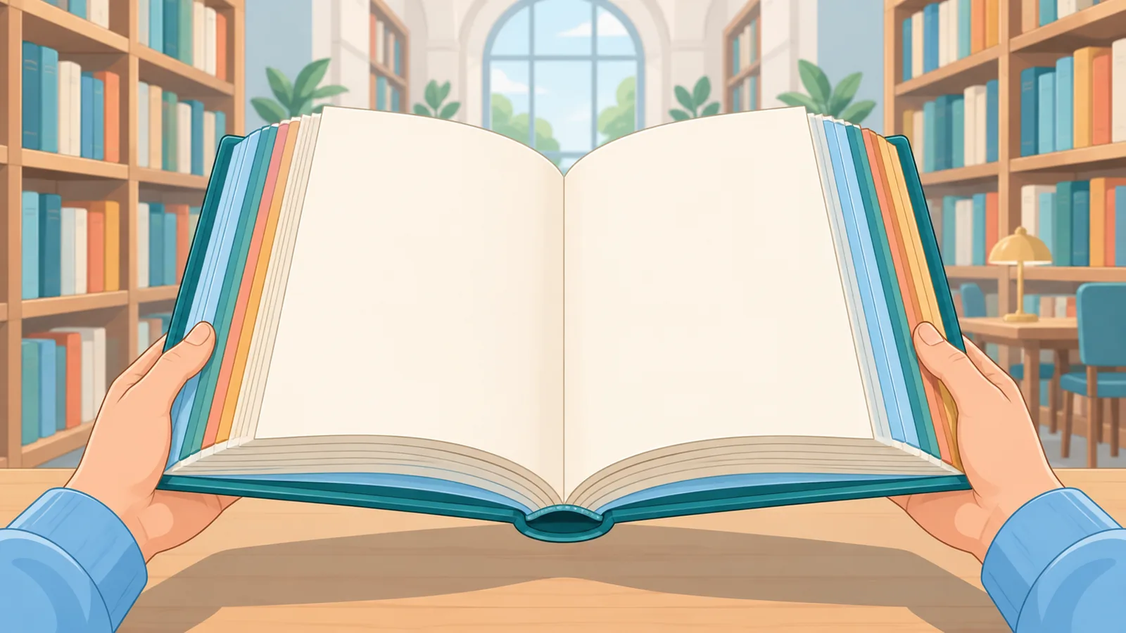 Dicke Anthologie in zwei Händen, im Hintergrund eine Bibliothek