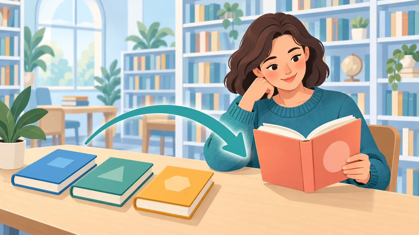 Leserin wählt an einem Bibliothekstisch ein Buch aus