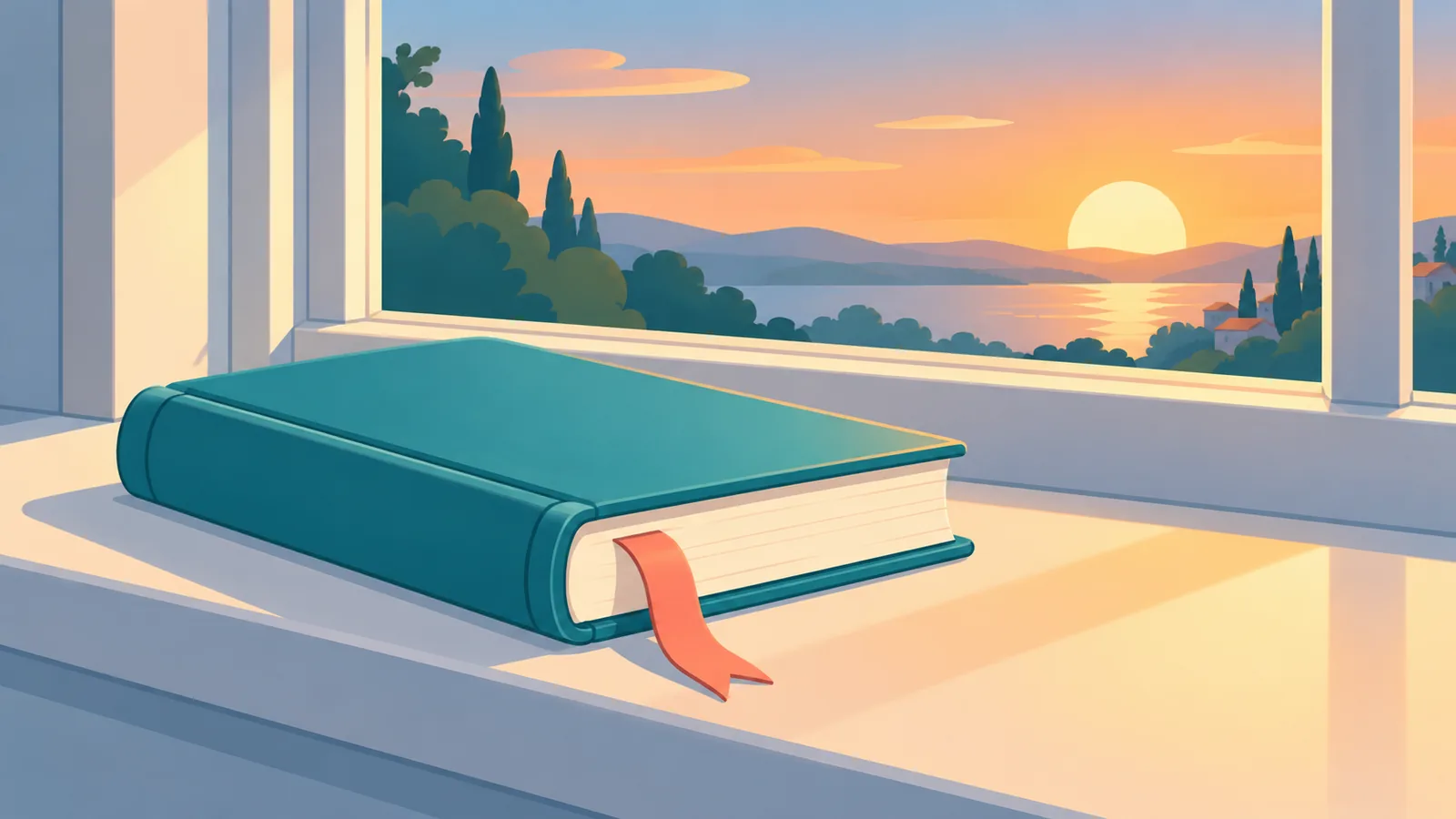Geschlossenes Buch mit Lesezeichen auf einer Fensterbank