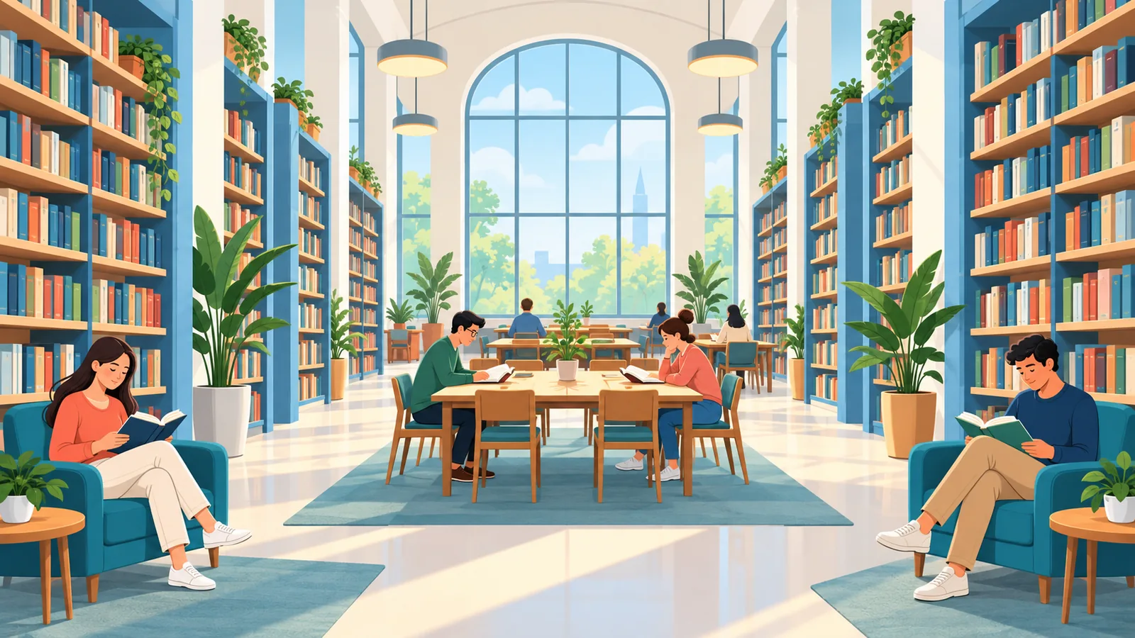 Lesesaal einer öffentlichen Bibliothek mit hohen Regalen
