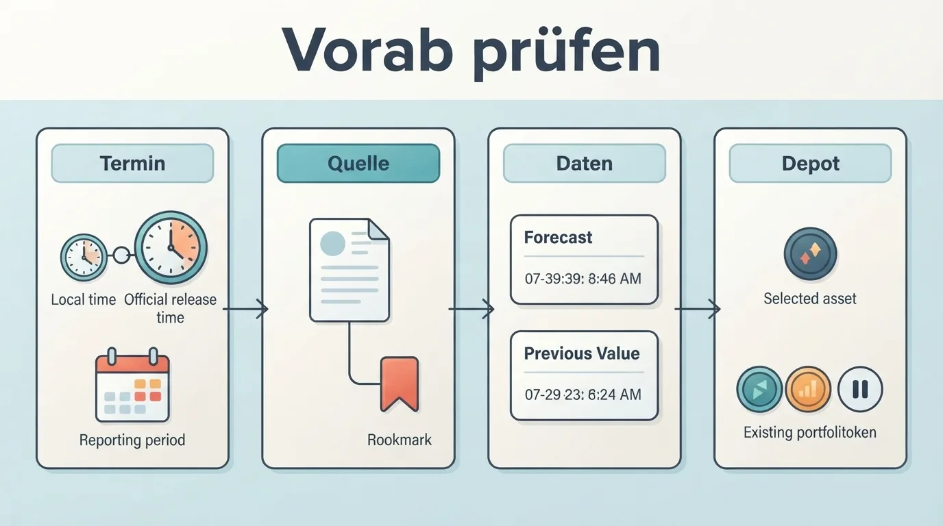 Vier Felder ordnen Termin und Ortszeit, Originalquelle, Vergleichsdaten und Depot vor der Veröffentlichung.