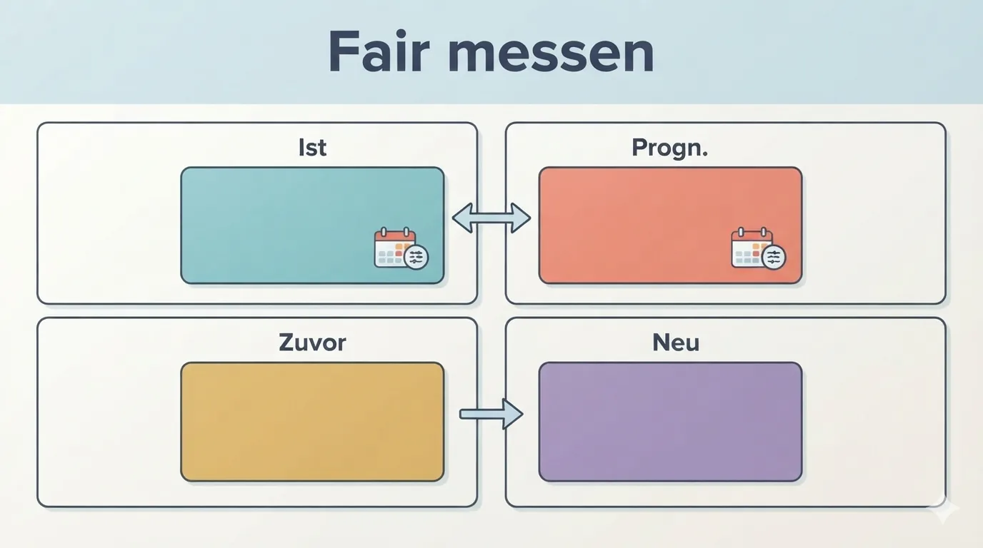 Istwert und Prognose werden verglichen; darunter stehen der frühere Wert und seine Revision getrennt.
