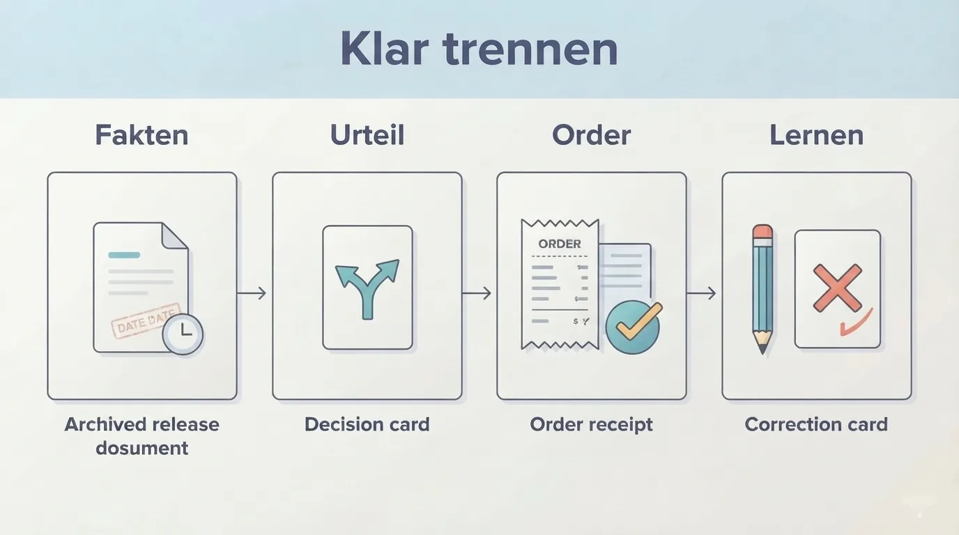 Ein Auswertungsblatt trennt damalige Fakten, eigene Einschätzung, Orderergebnis und Verbesserungen für den näc