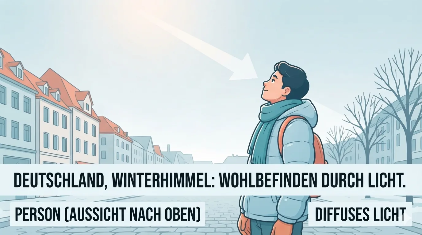 Person blickt im Winter in den bedeckten Himmel