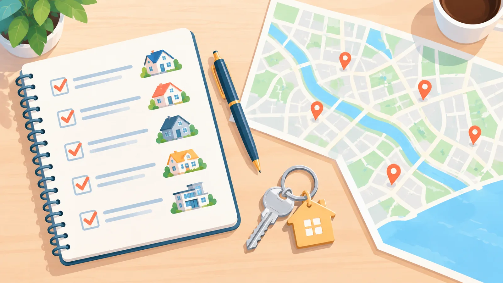 Notizbuch mit Checkliste, Stadtplan und Hausschlüsseln