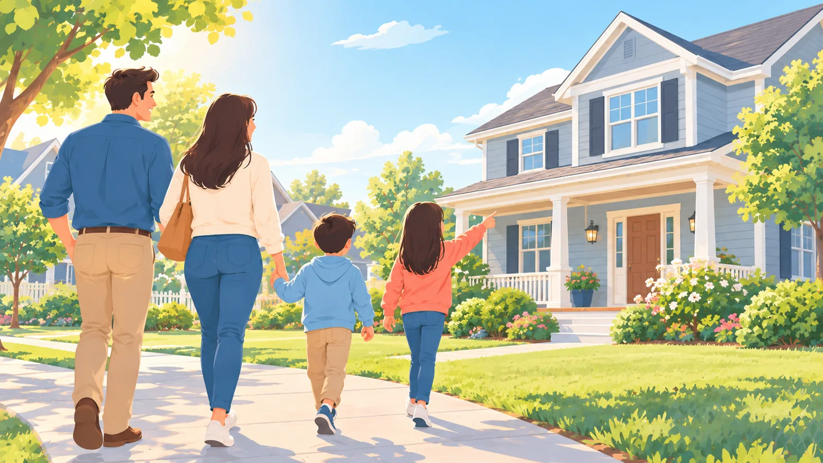 Familie geht auf ein Haus in einem sonnigen US-Wohnviertel zu