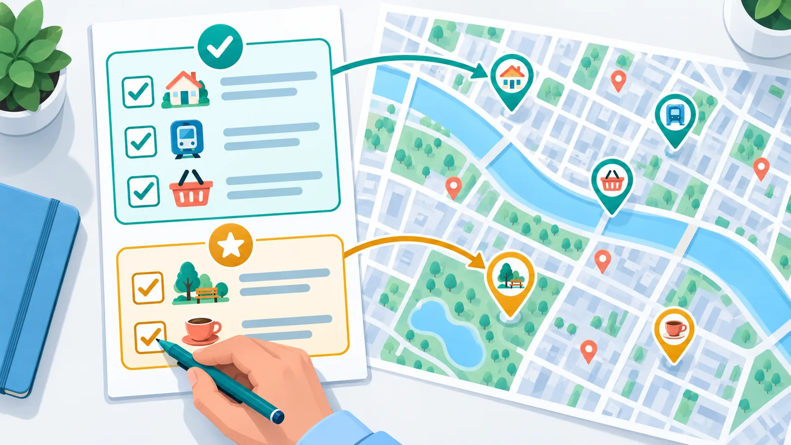 Checkliste mit Muss- und Kann-Kriterien neben einem Stadtplan
