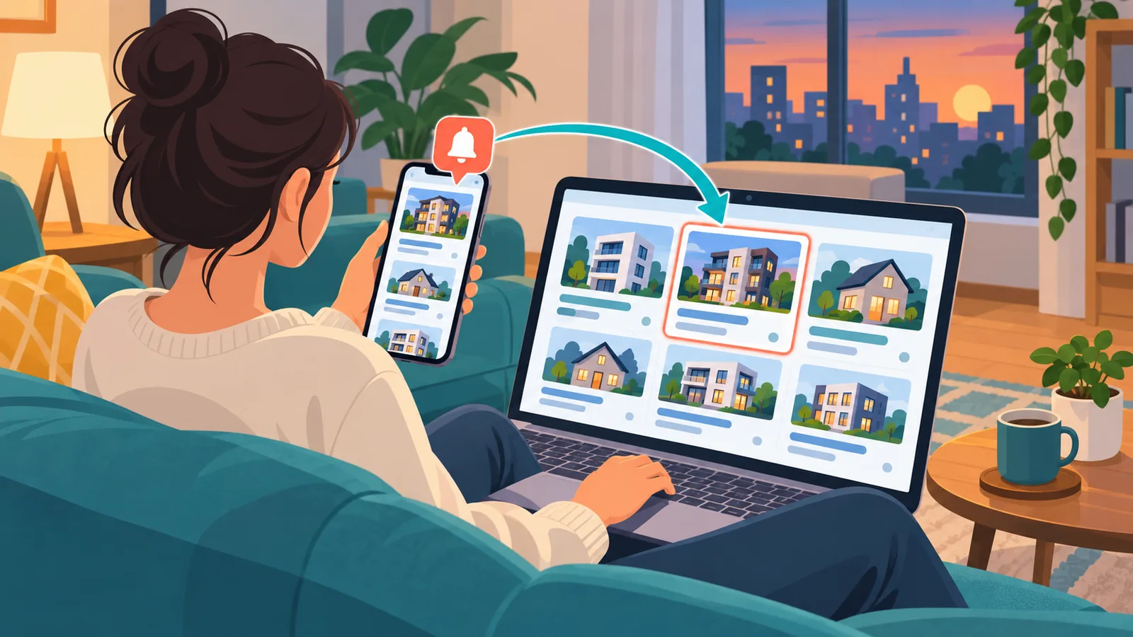 Wohnungssuche auf Laptop und Smartphone im Wohnzimmer