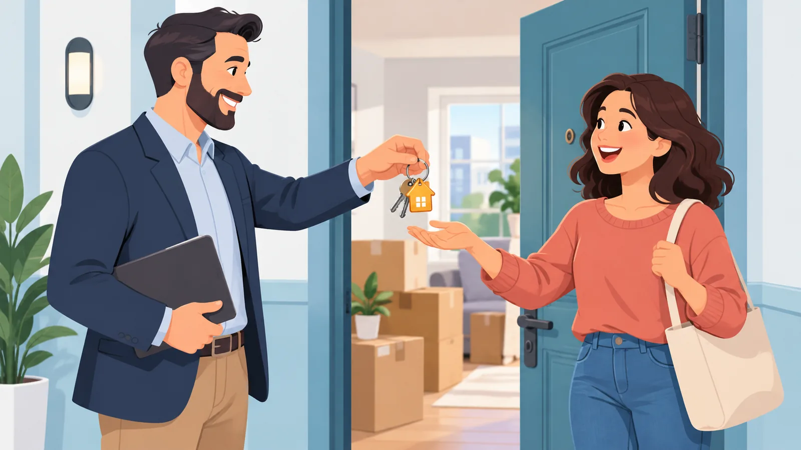 Schlüsselübergabe an die neue Mieterin vor der Wohnungstür