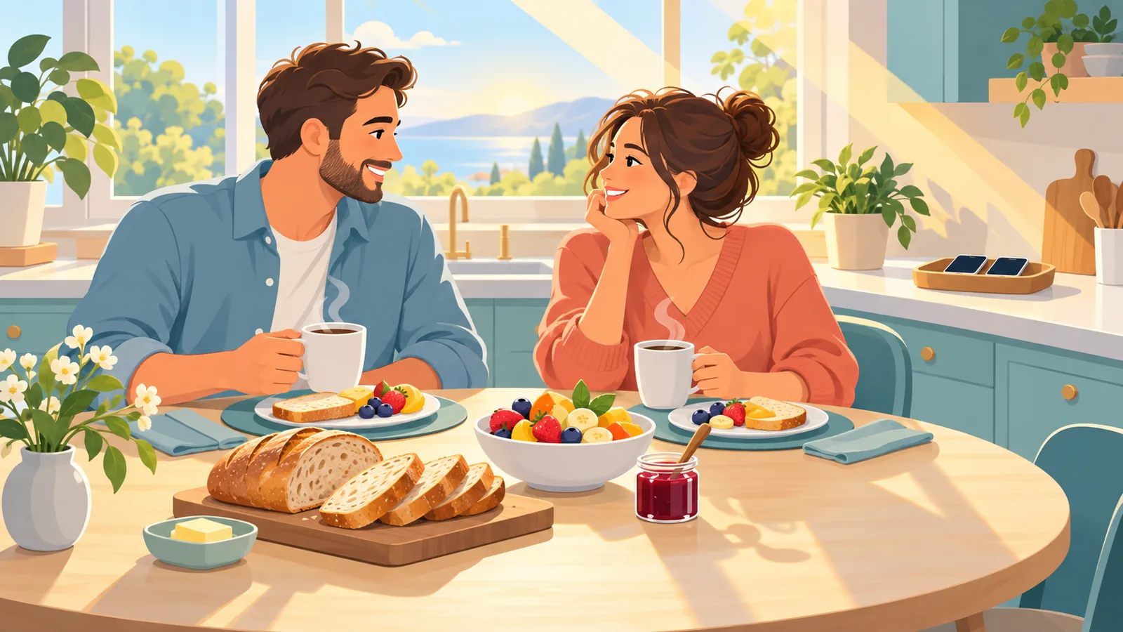 Ein Paar frühstückt gemeinsam am Wochenende in der Küche
