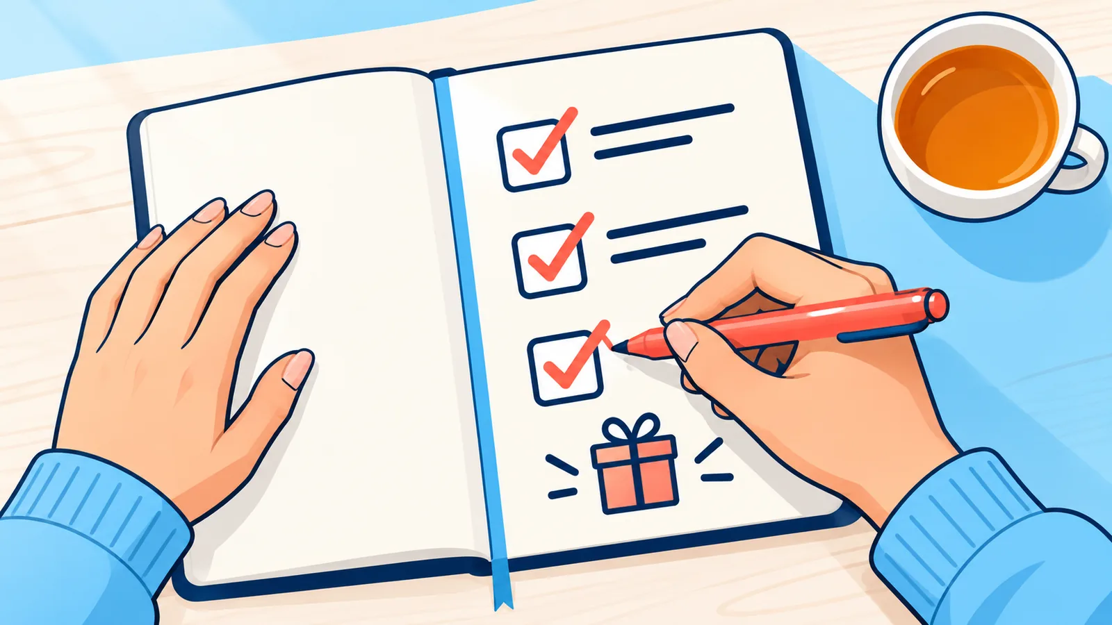 Hände haken eine handgeschriebene Checkliste für die Geschenkauswahl ab