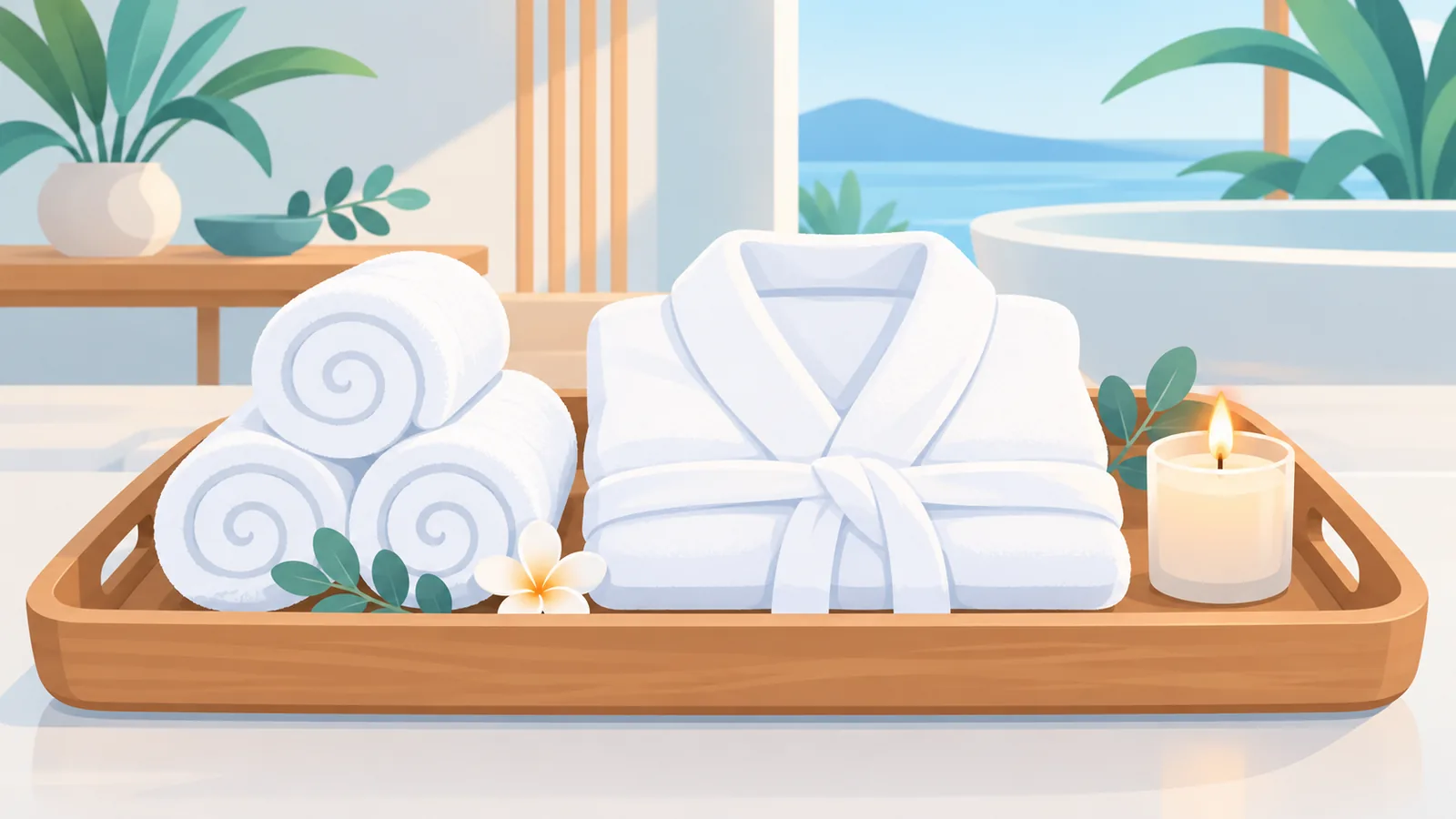 Handtücher, Bademantel und Kerze auf einem Wellness-Tablett