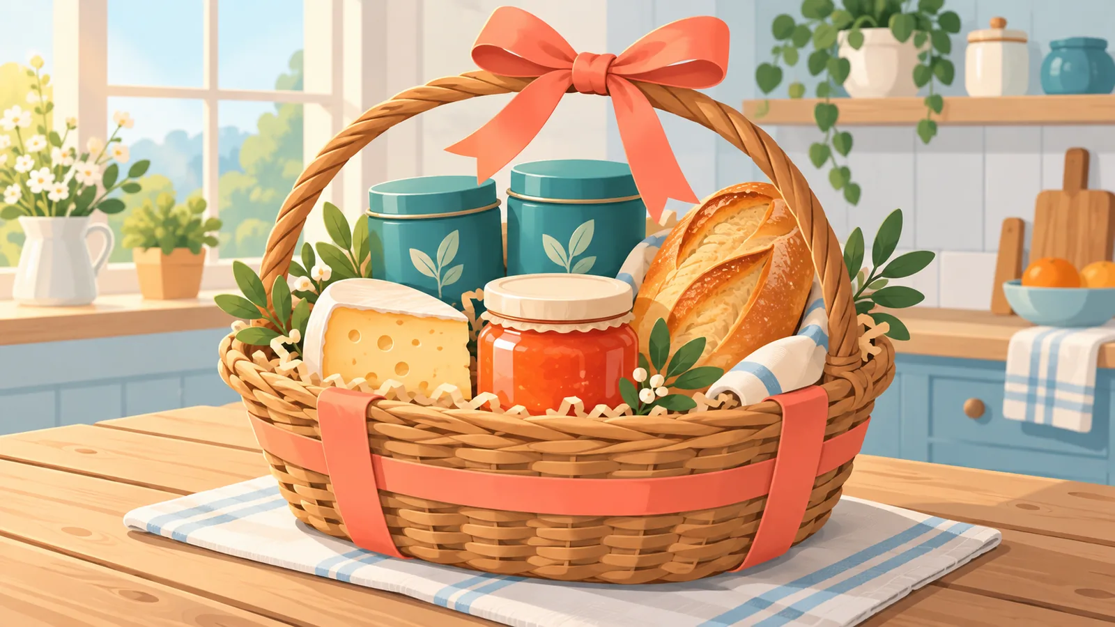 Genusskorb mit Käse, Marmelade, Tee und Brot auf einem Küchentisch