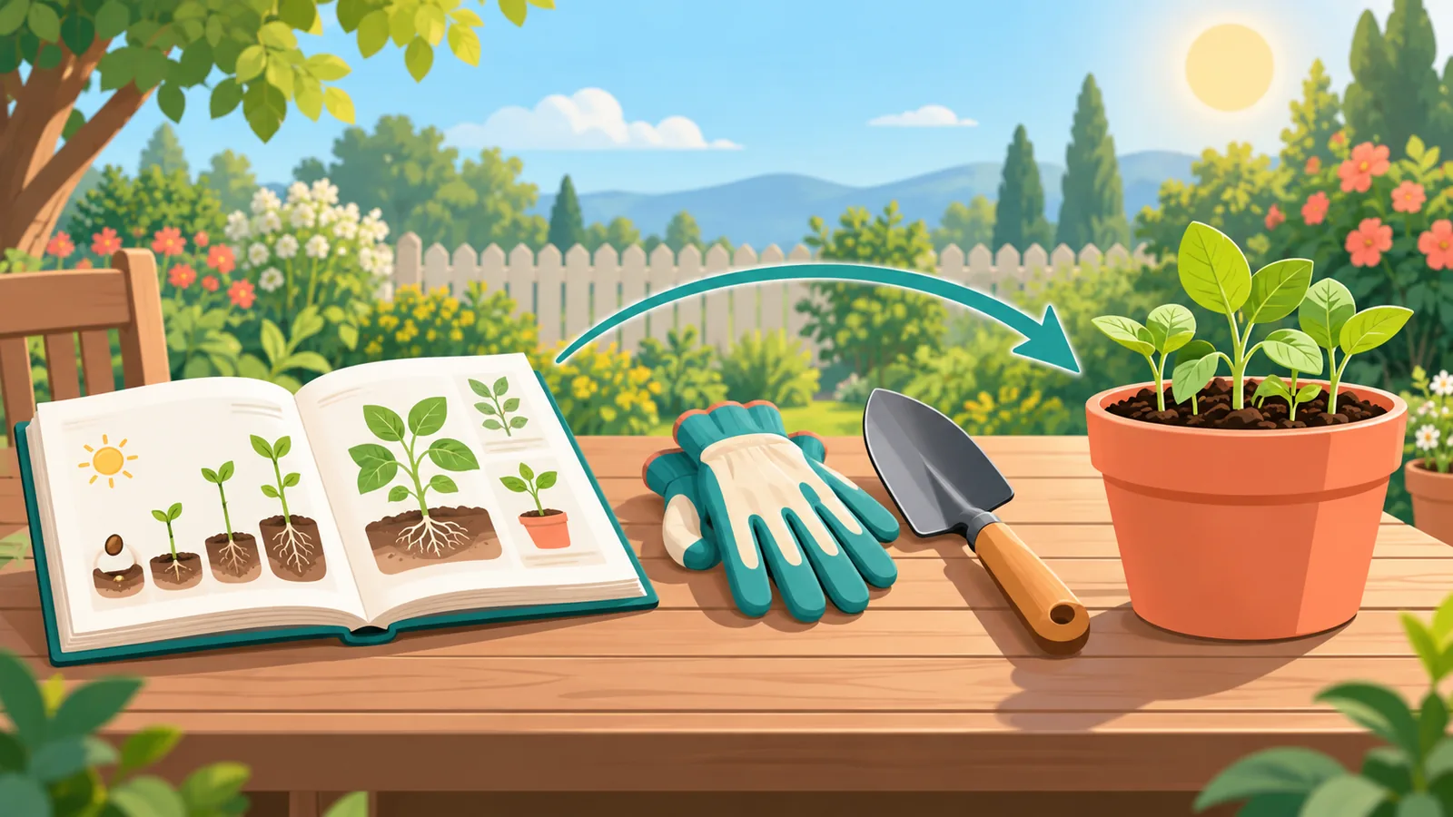 Gartenhandschuhe, Handschaufel und Setzlinge neben einem aufgeschlagenen Buch