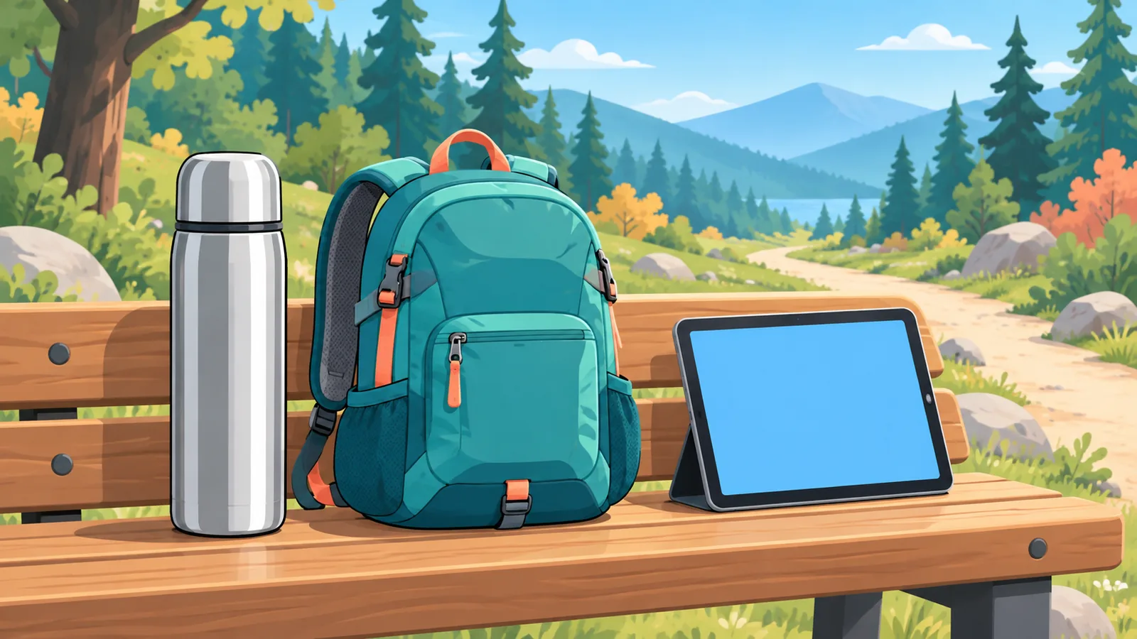 Thermosflasche, Wanderrucksack und Tablet auf einer Holzbank im Freien