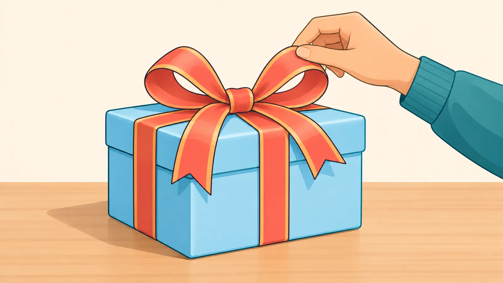 Verpacktes Geschenk mit Schleife auf einem aufgeräumten Tisch