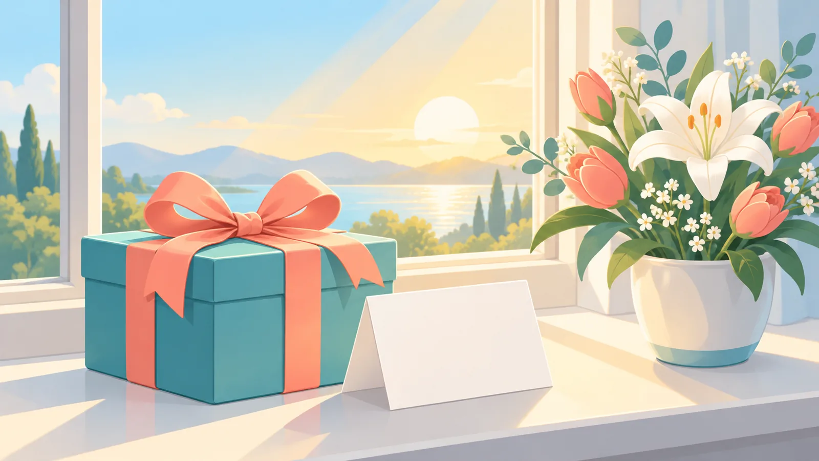 Geschenkbox mit Karte auf einer sonnigen Fensterbank neben Blumen