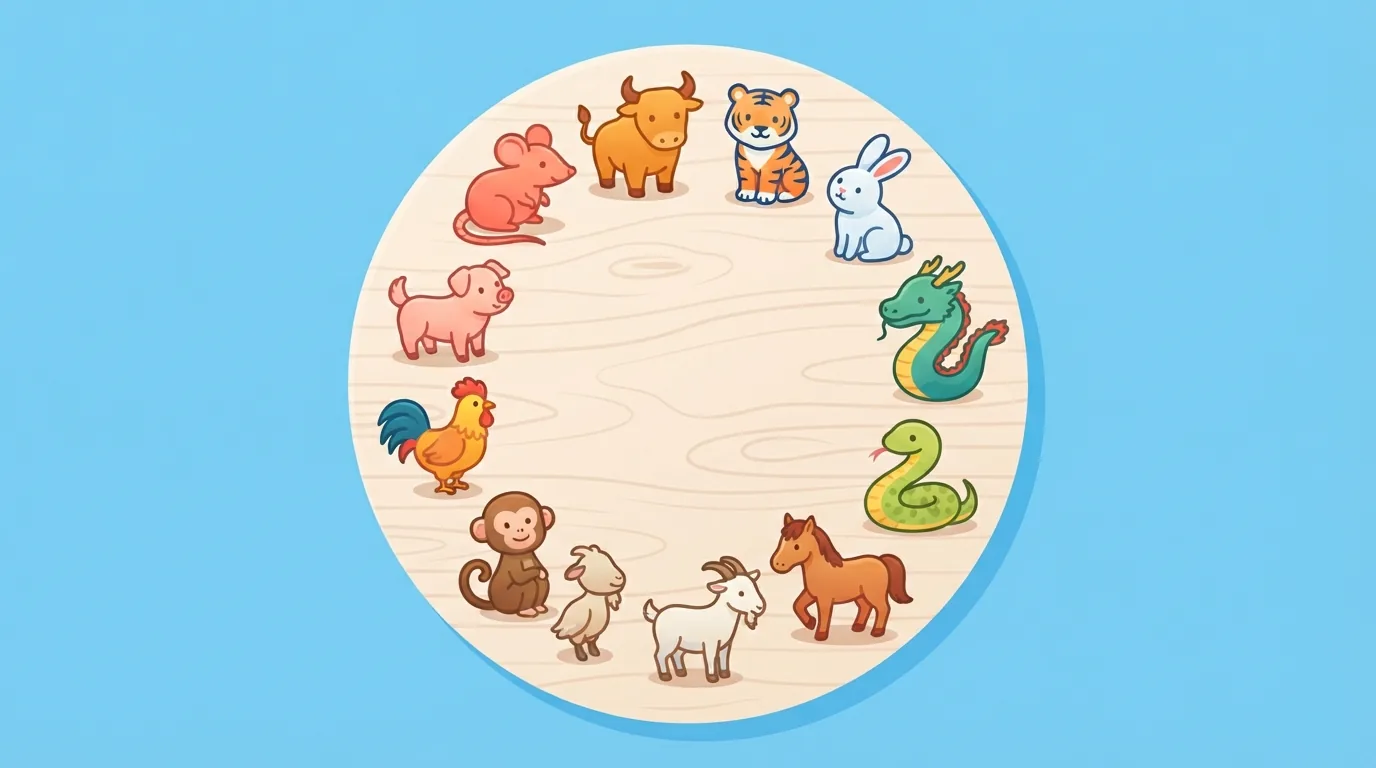 Zwölf Tierfiguren des chinesischen Tierkreises in einem Kreis auf einem hellen Holztisch