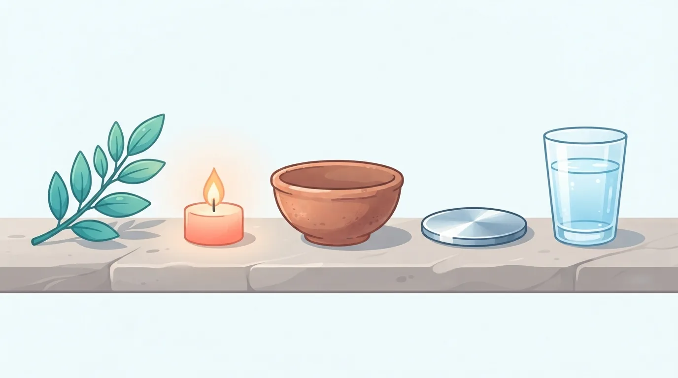 Fünf Naturmaterialien als Symbole der fünf Elemente nebeneinander angeordnet