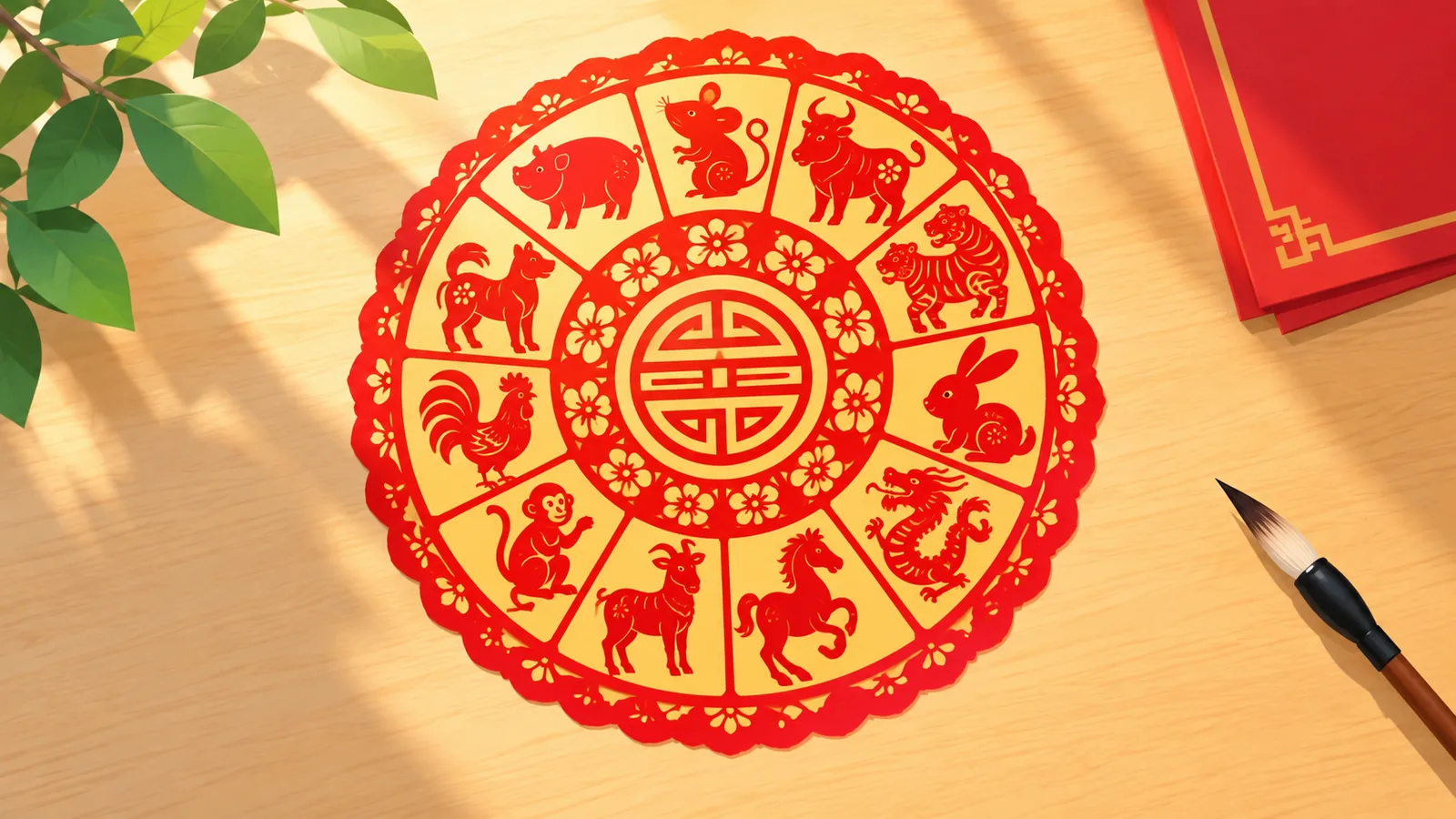 Papierschnitt mit den zwölf chinesischen Tierkreiszeichen auf einem Holztisch