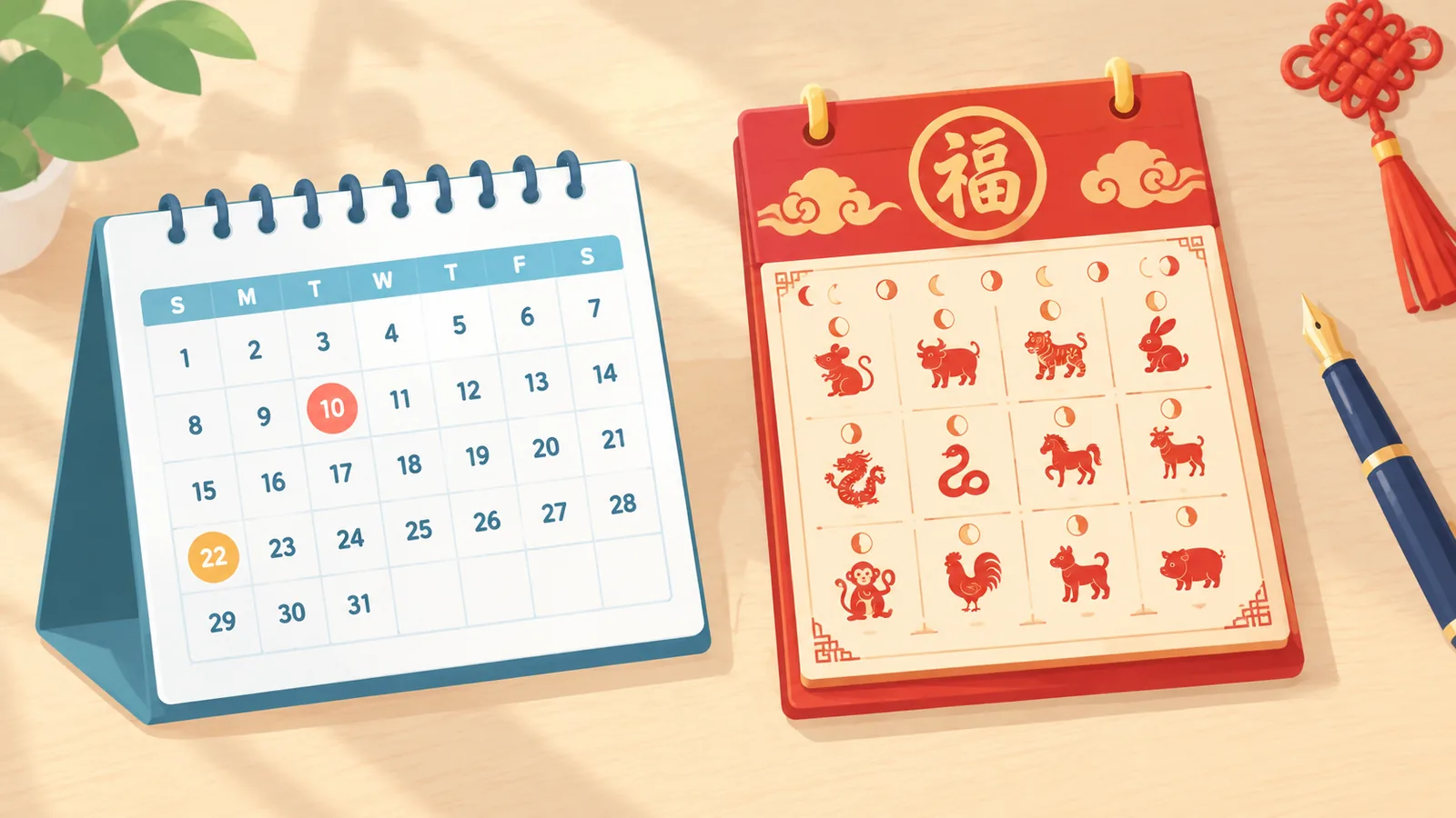Gregorianischer Kalender neben einem chinesischen Mondkalender