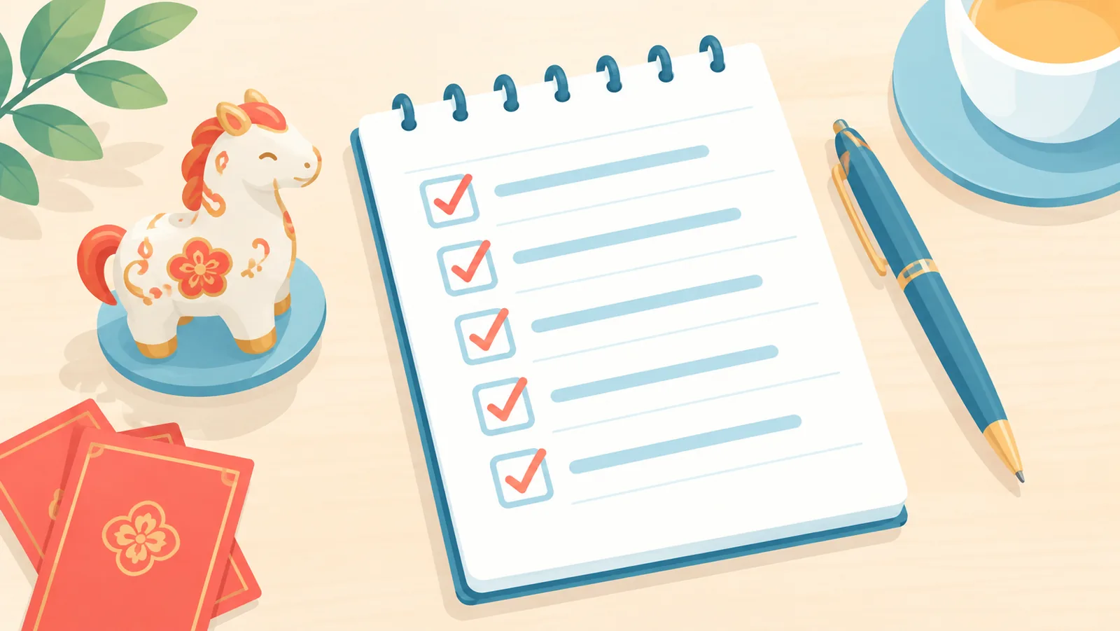 Handgeschriebene Checkliste mit abgehakten Punkten und Tierfigur