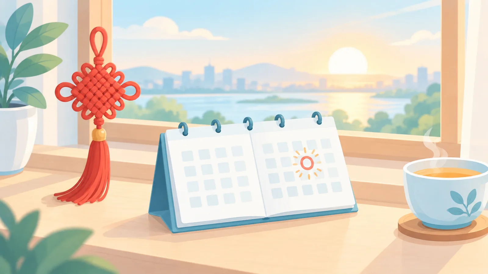 Roter chinesischer Knoten und Kalender am Fenster im Morgenlicht