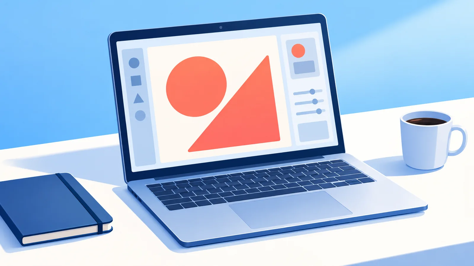 Laptop mit geöffnetem Canva auf einem aufgeräumten Schreibtisch im Morgenlicht