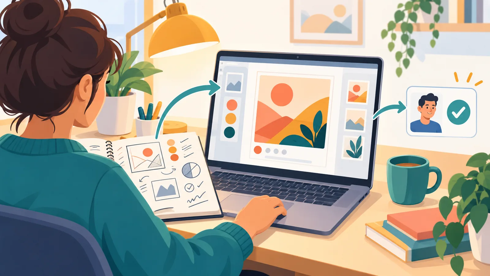 Freelancerin gestaltet einen Social-Media-Beitrag für einen Kunden am Laptop
