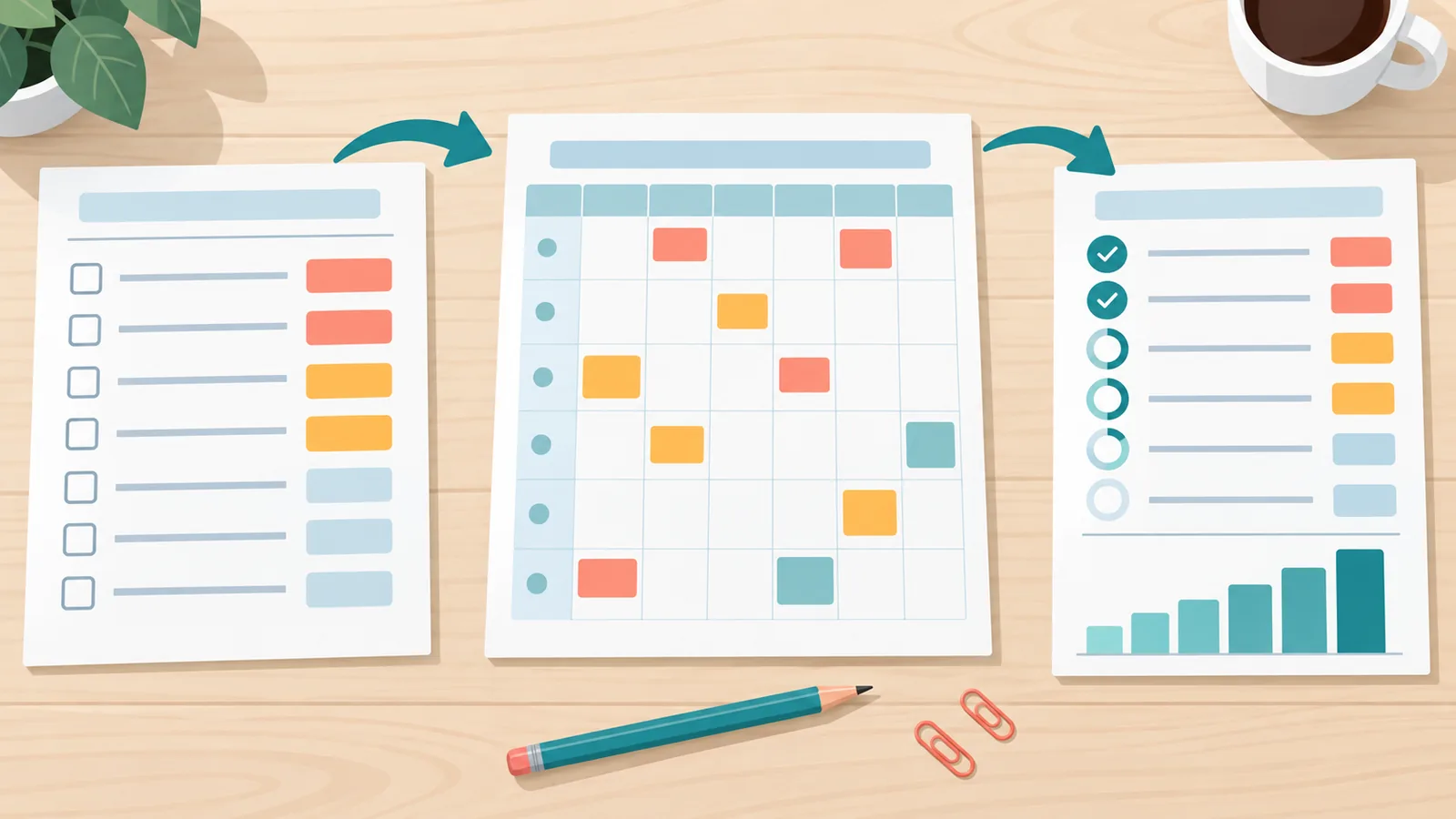 Gedruckte Planer und Arbeitsblatt-Vorlagen auf einem Holztisch von oben fotografiert