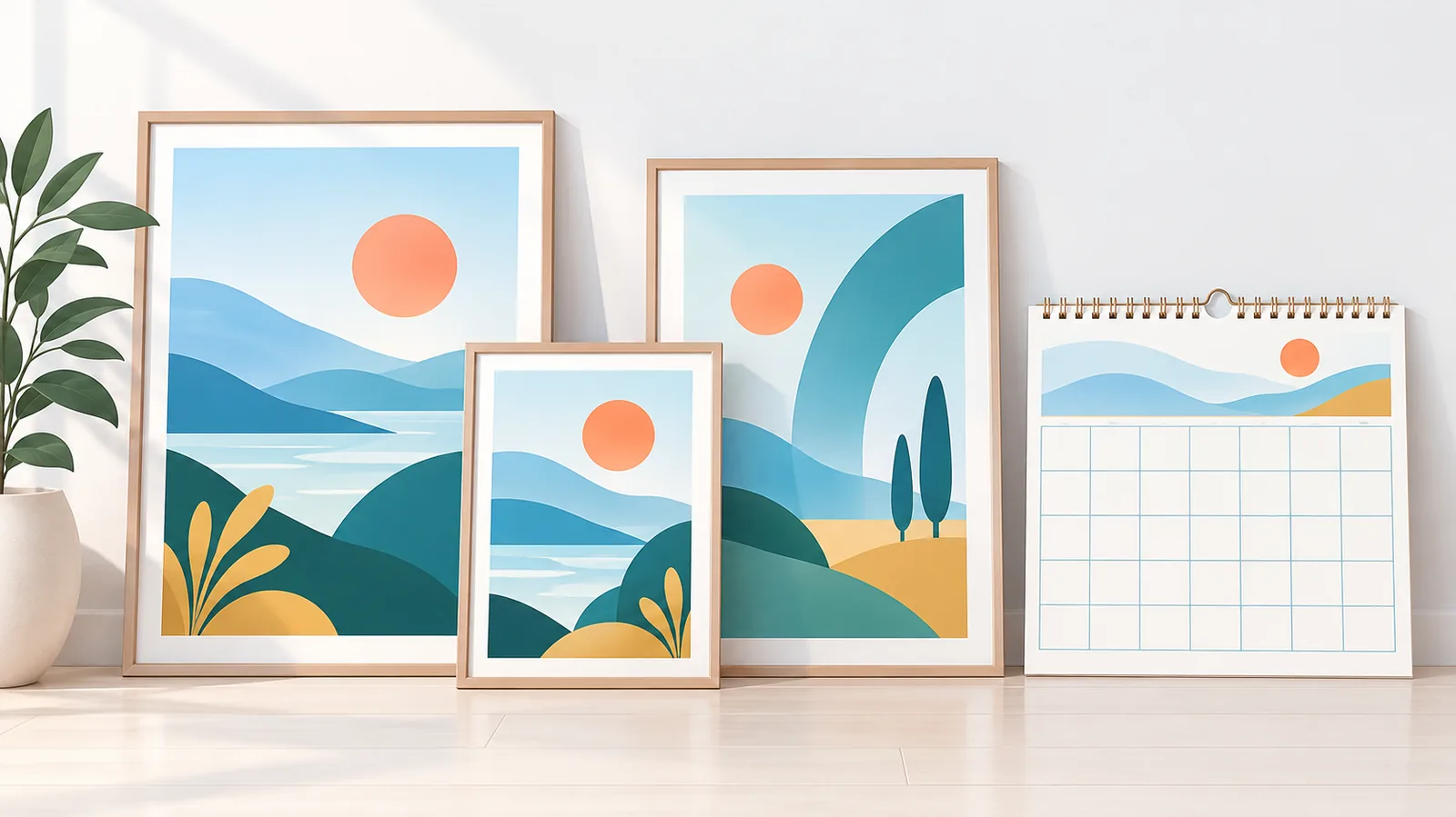 Gerahmte Wandkunst und ein Kalender lehnen an einer weißen Wand