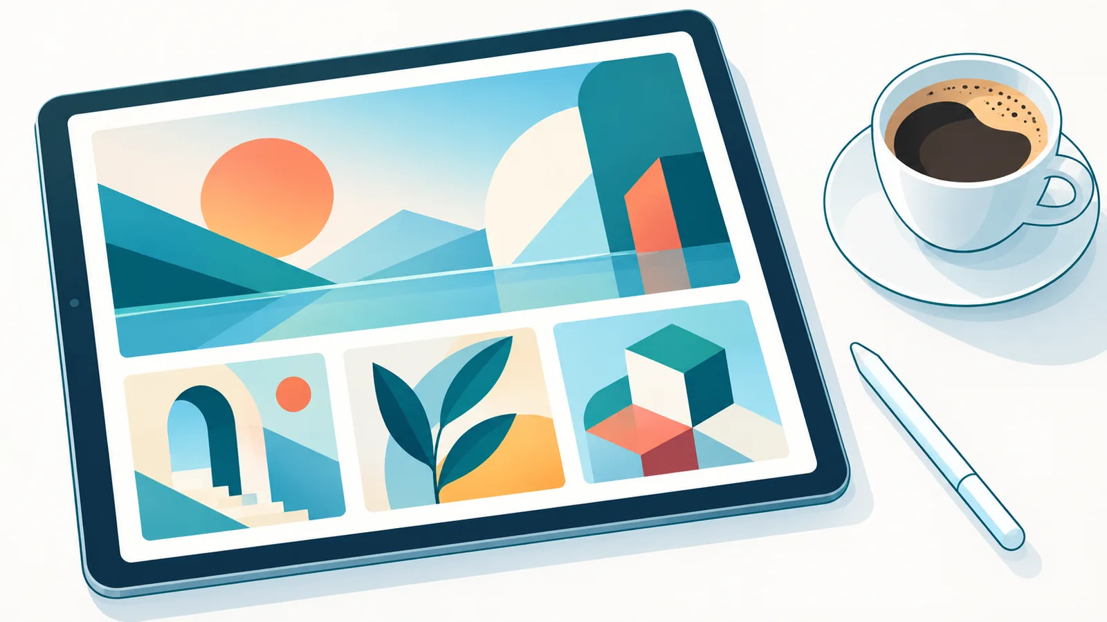 Designer-Portfolio auf einem Tablet neben einer Kaffeetasse an einem ruhigen Arbeitsplatz