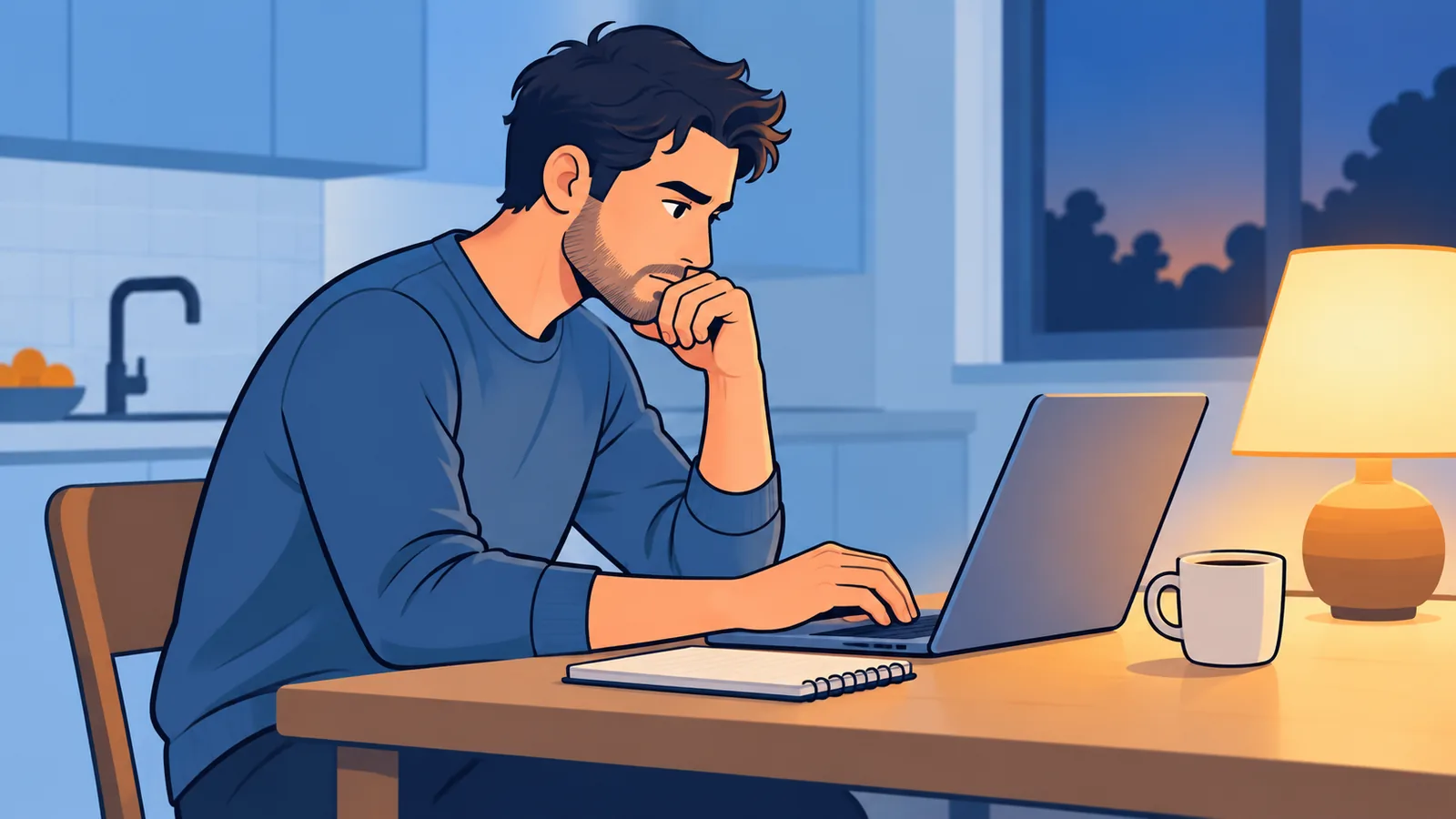 Person arbeitet abends mit einem Laptop am Küchentisch an einem Nebenjob