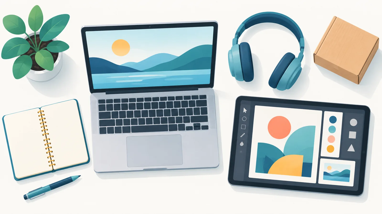 Schreibtisch mit Laptop, Kopfhörern, Notizbuch und Tablet als Symbol für verschiedene Online-Nebenjobs