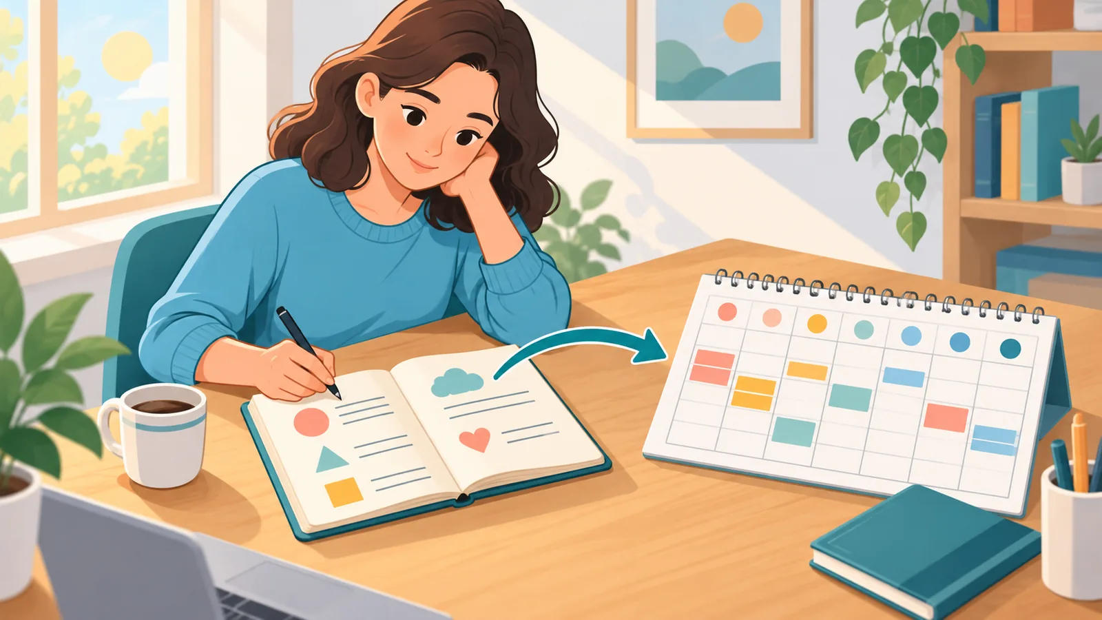 Nachdenkliche Person mit Notizbuch plant ihren Wochenkalender